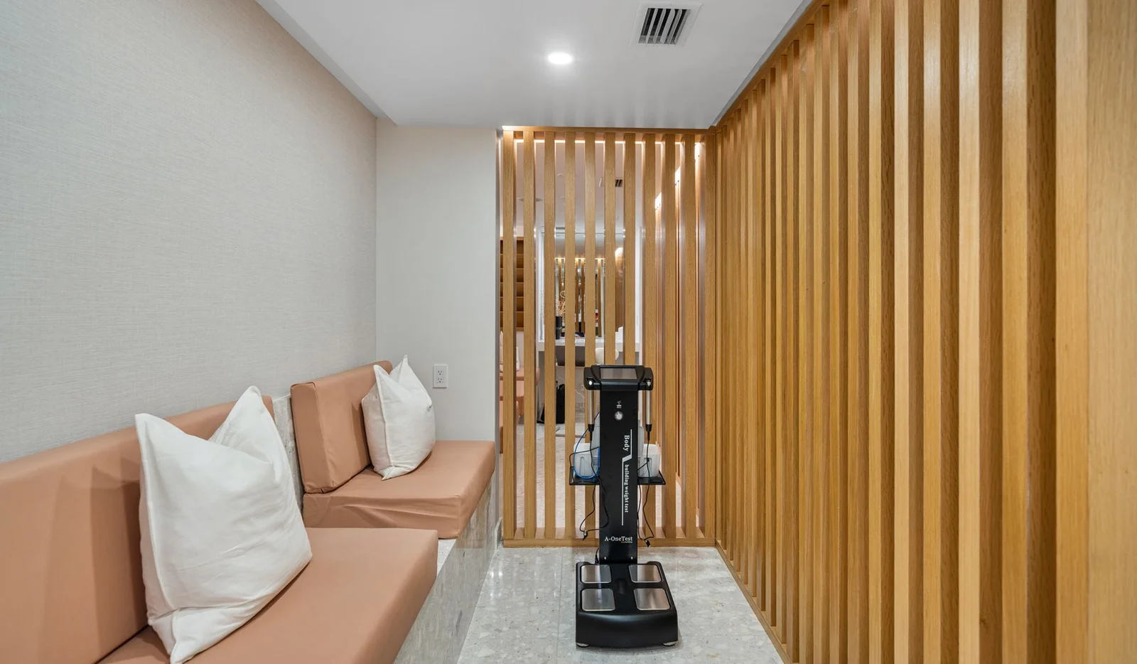 Wood-slatted lounge divider
